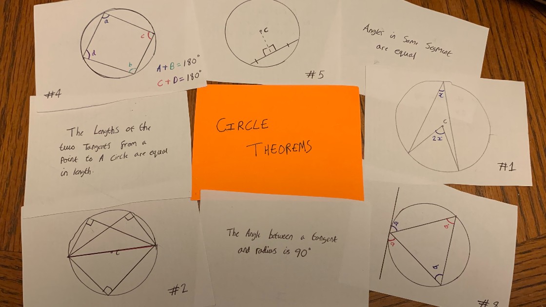 Maths flash cards on circle theorems