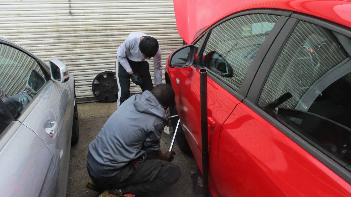 Student working on the car