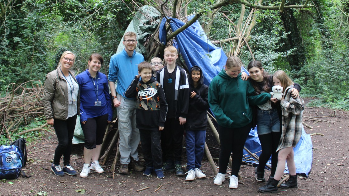 Students at an improvised shelter