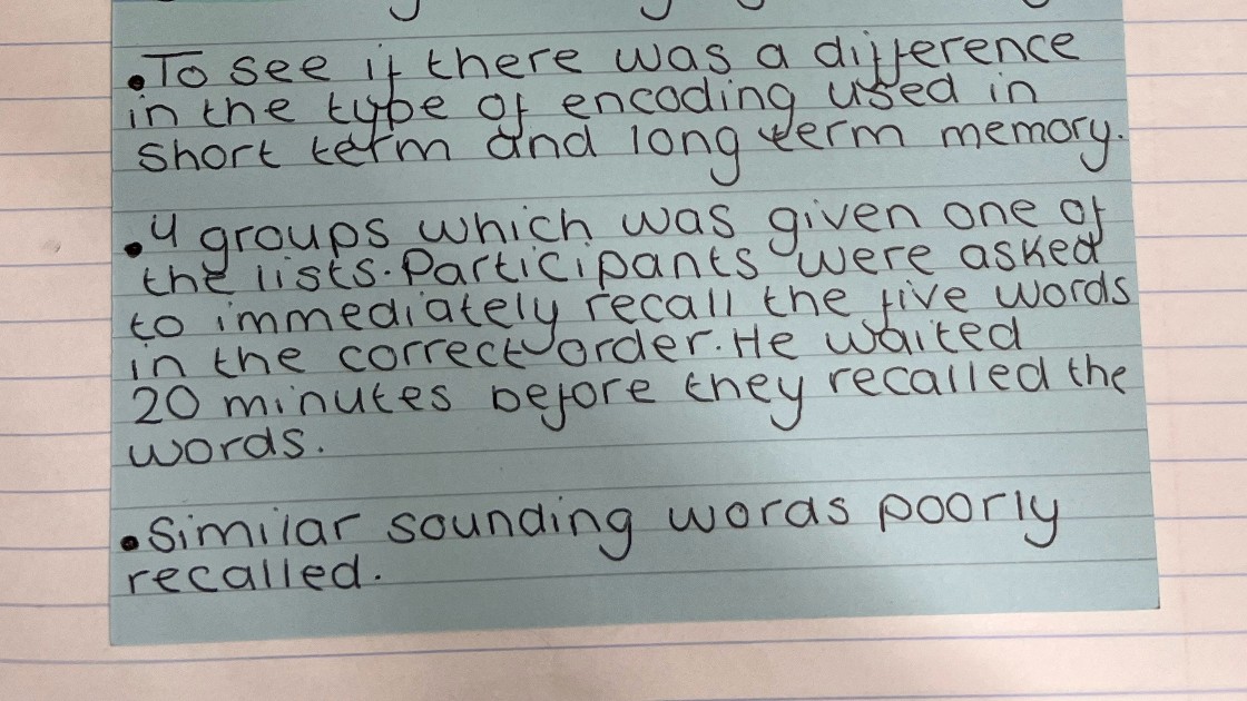 Student flashcard summarizing the class experiment