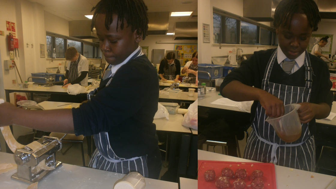 Student using pasta machine and preparing his beef stock.