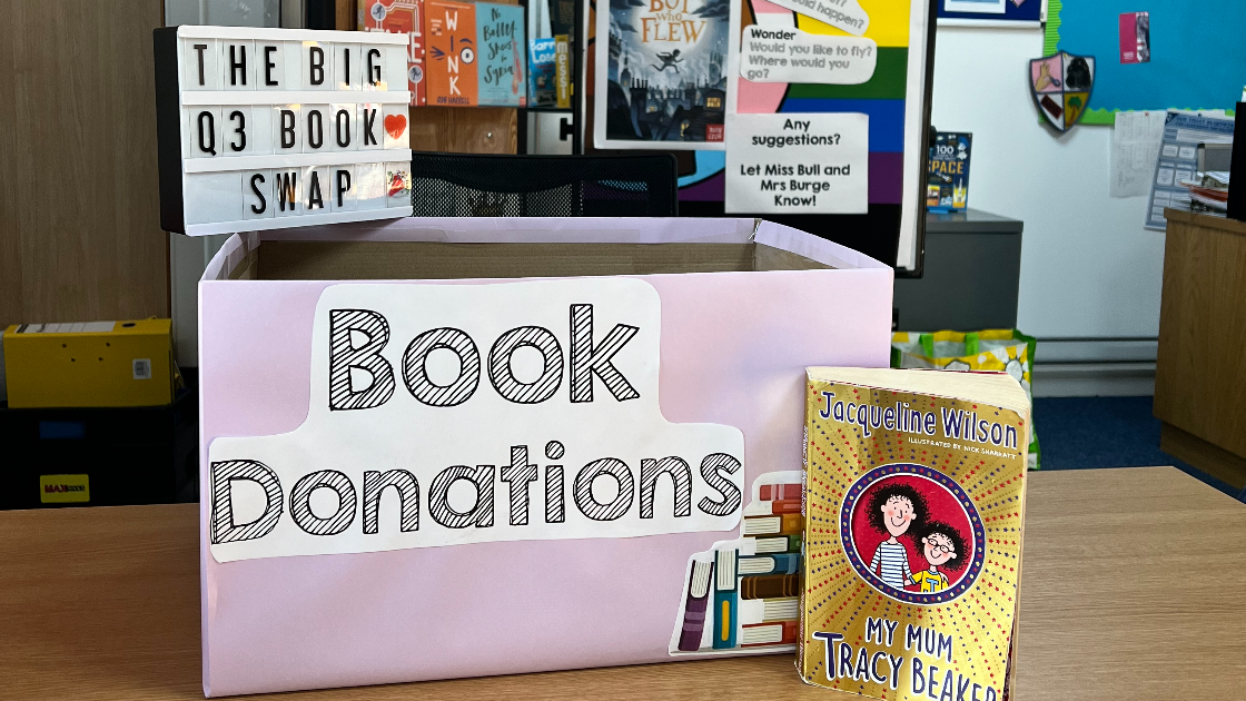 The book donation box will be in the Library.