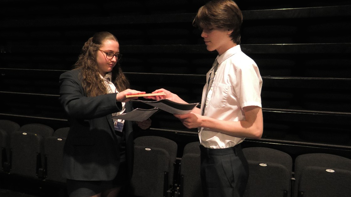 Students acting out key scenes from 'Blood Brothers'.