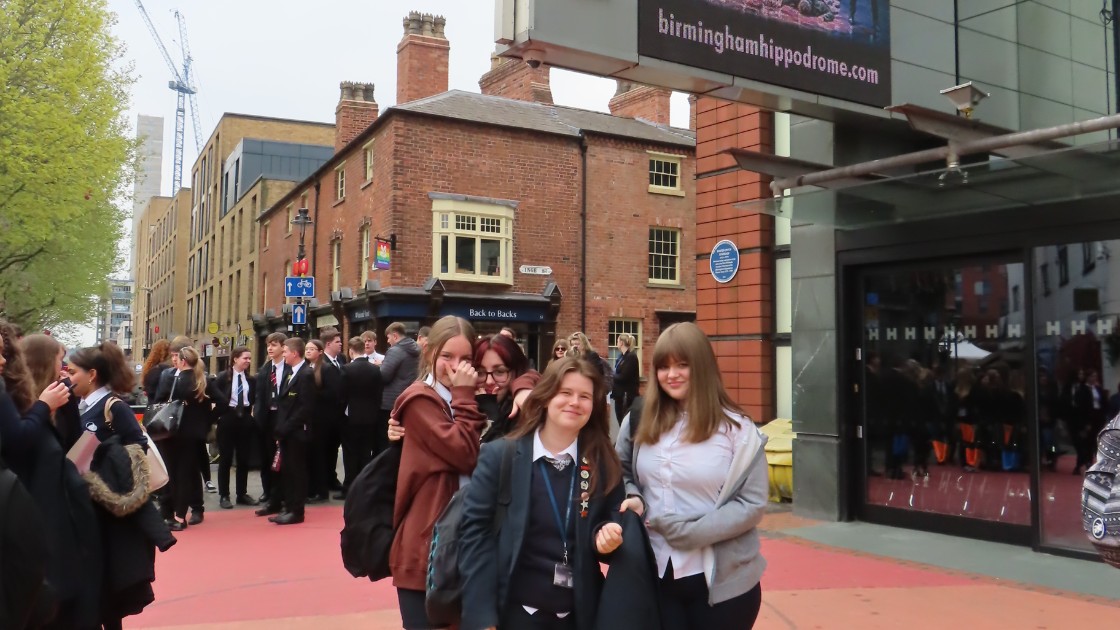 Students stood outside the Birmingham Hippodrome Theatre.
