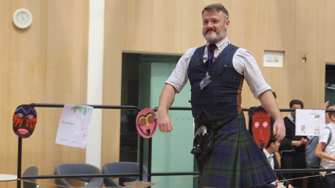 Mr Strachan in full Scottish traditional dress