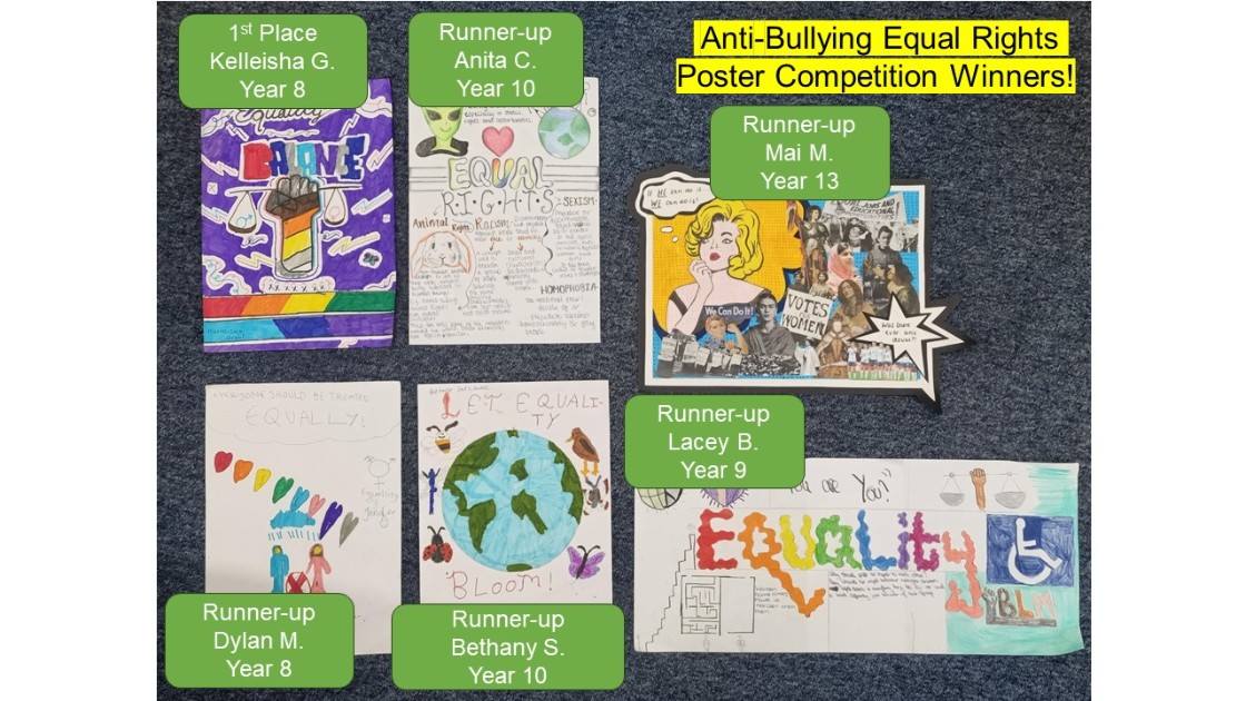 A display of anti-bullying posters with winners' names and year groups