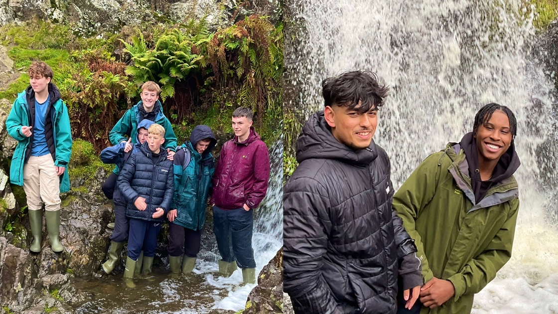 Students standing by a waterfall in Carding Mill Valley
