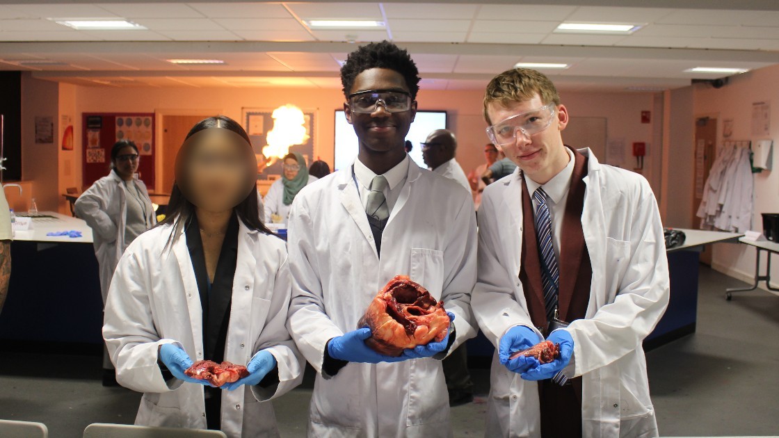 Three students in lab coats holding anatomical specimens in a science classroom