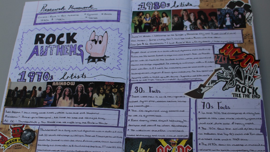 A student's music project on rock anthems, featuring handwritten notes, images, and colourful decorations