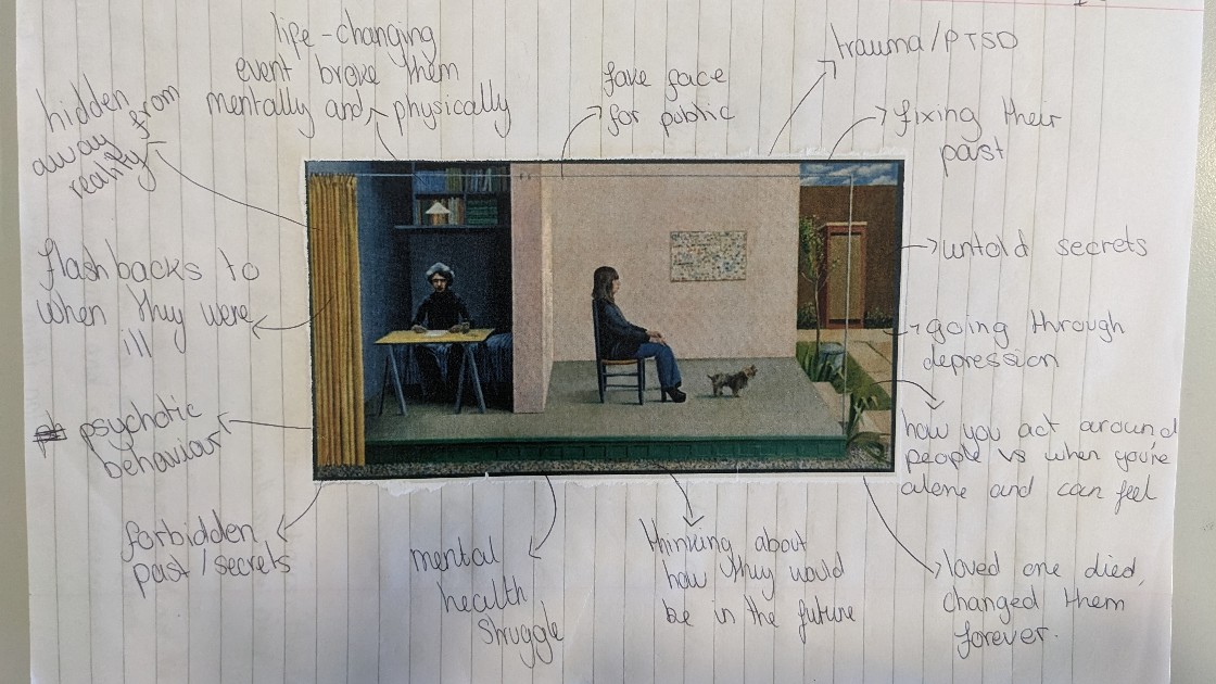 Annotated image with notes about mental health and trauma
