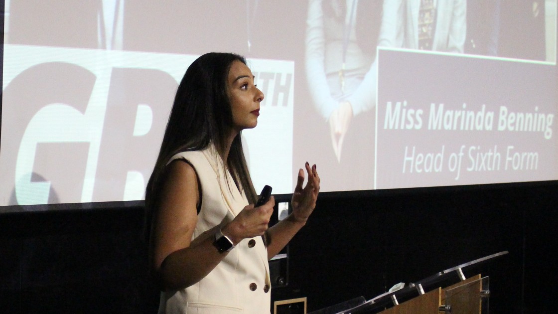 Miss Benning presenting at Sixth Form Open Evening