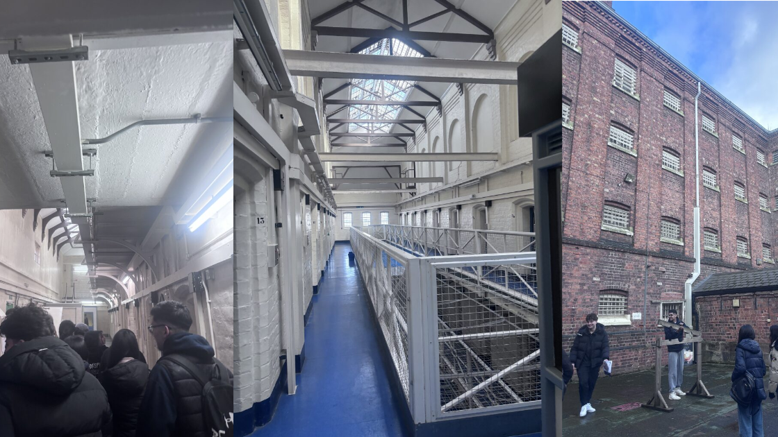 Students touring Shrewsbury Prison, viewing cells and the prison exterior