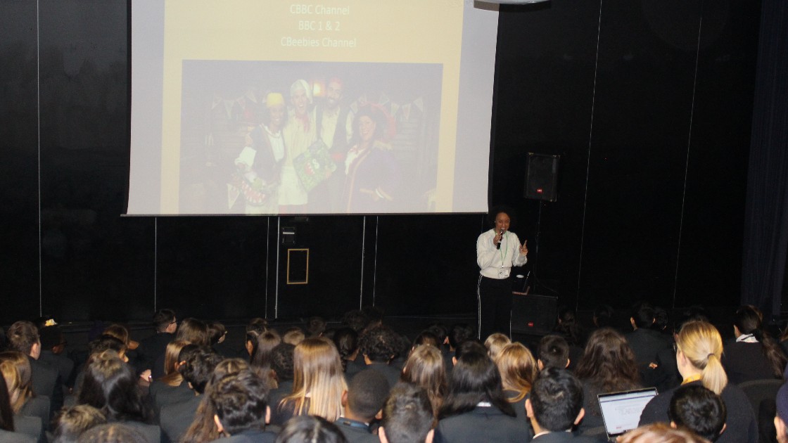 Gemma Hunt giving her presentation about her journey to being on TV