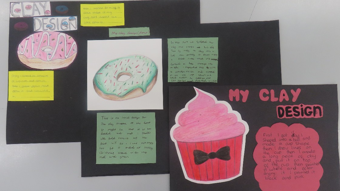 Student artwork featuring clay design sketches and written descriptions, including a doughnut and cupcake