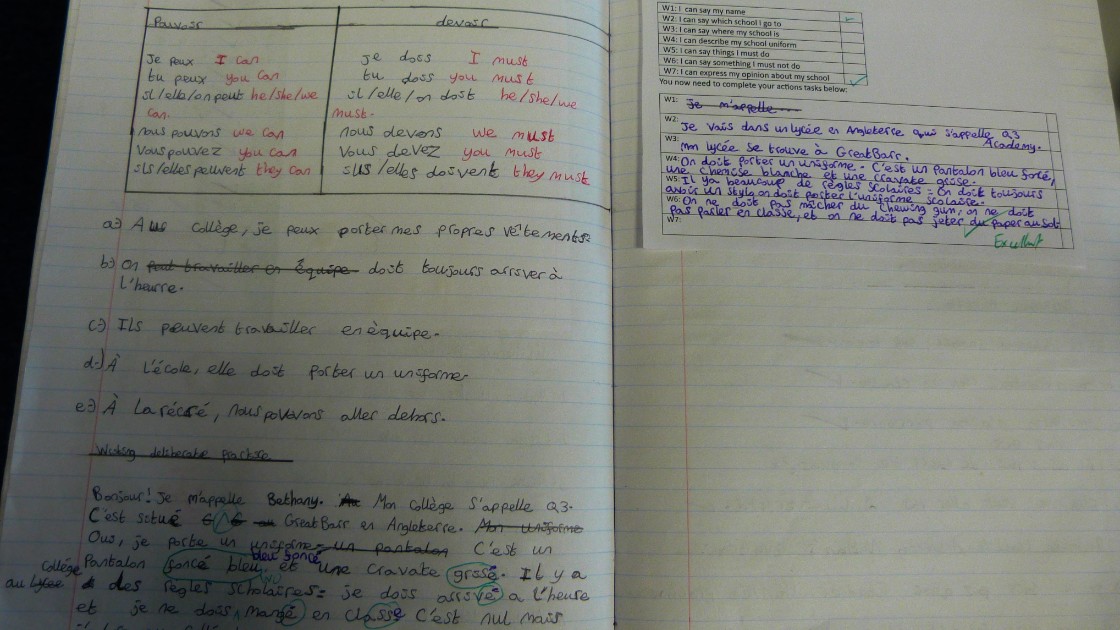A student's French lesson notes in an exercise book, with handwritten text and translations