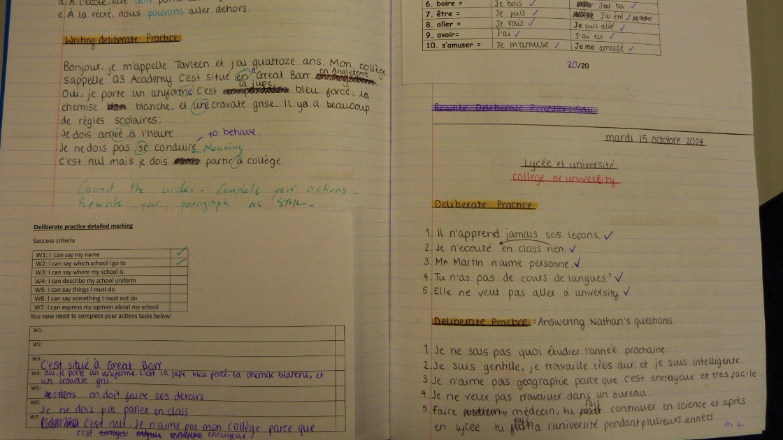 A student's French language exercise book with handwritten notes and exercises
