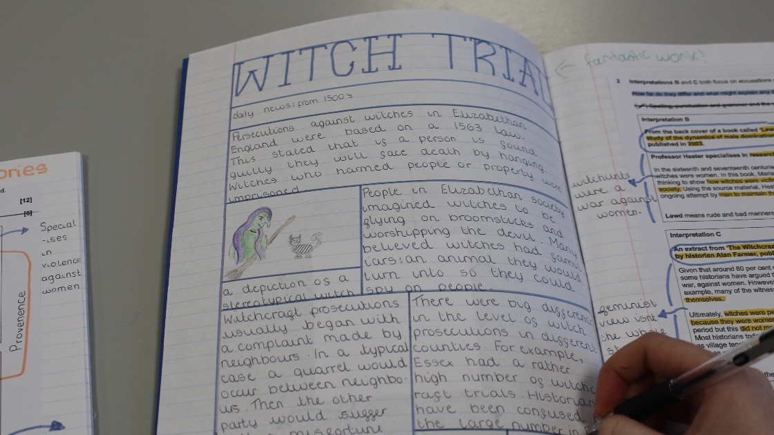 A student's handwritten notes on witch trials, including text and a small drawing