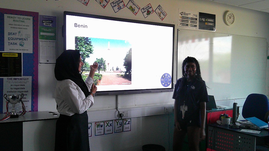 Two students presenting about Cotonou the capital of Benin